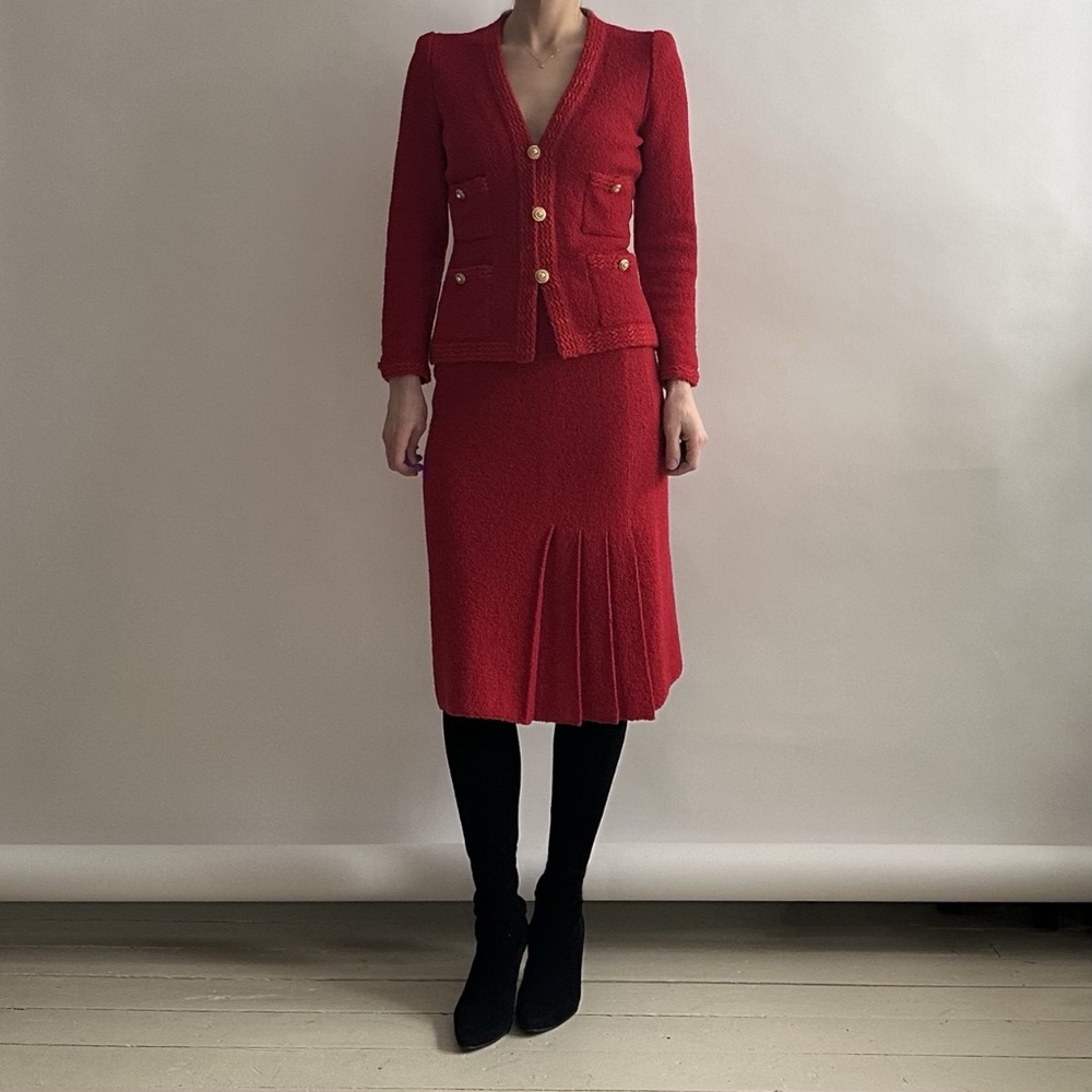 Vintage 80's Designer Adolfo Red Bouclé Wool Set with Lady Jacket & Skirt